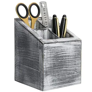 Vintage Gray Wood 4 Slot Pen & Pencil Holder Box