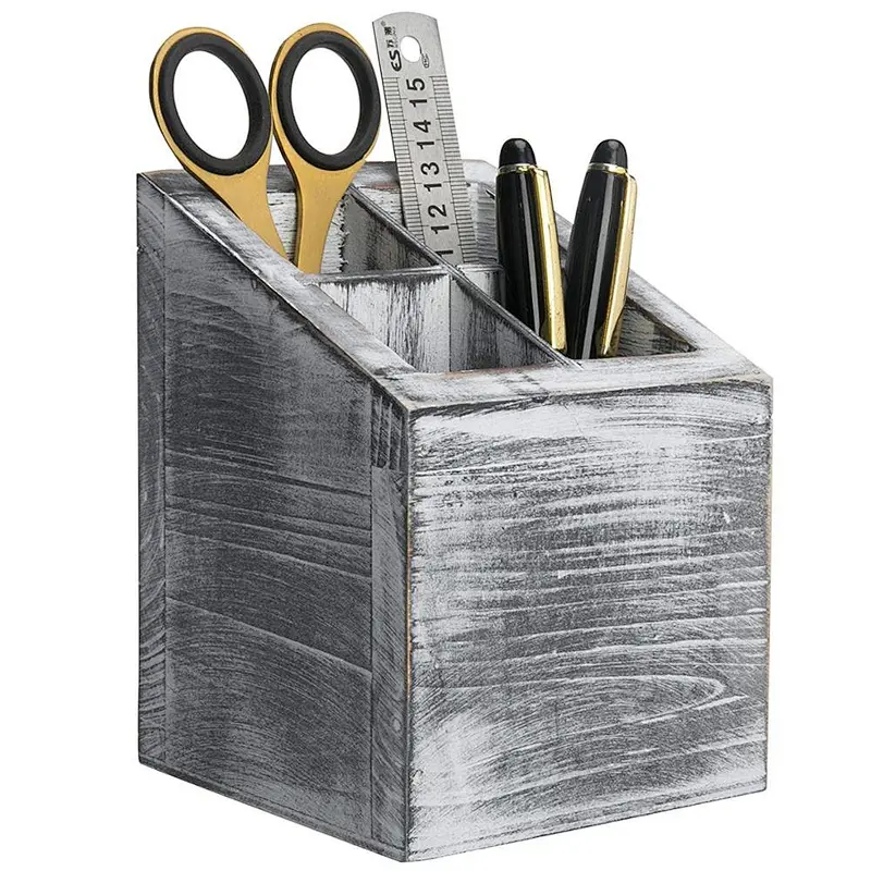 Vintage Gray Wood 4 Slot Pen & Pencil Holder Box