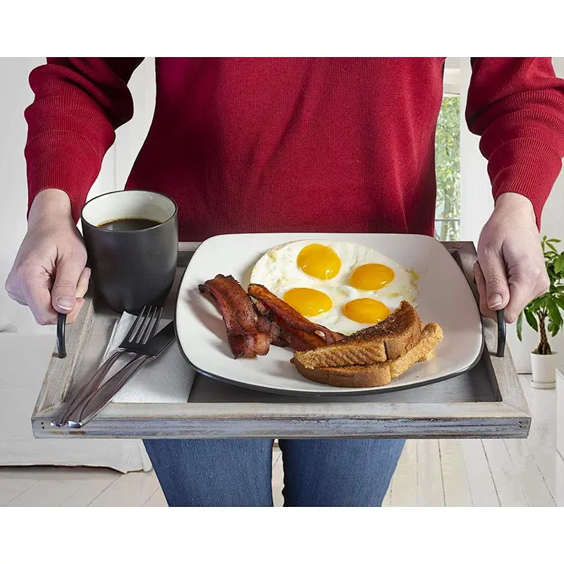 Country vintage food tray (2-piece set) | brown and white wash nested wooden strap metal handle 2020