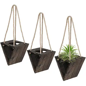 Rustic Triangle Wood Hanging Planter  Wooden Decoration Air Plants Holder with Jute Rope, Set of 3