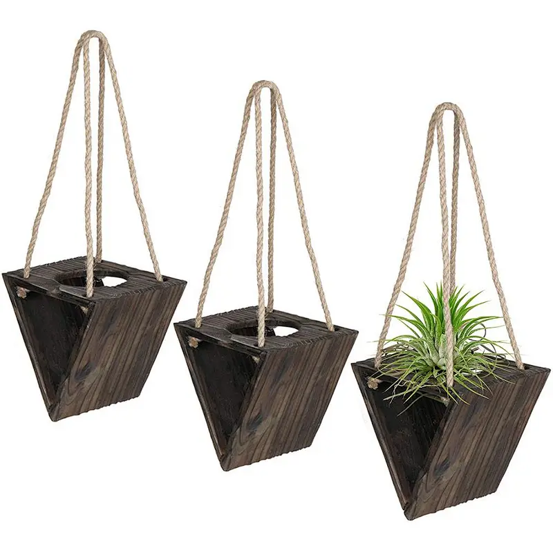 Rustic Triangle Wood Hanging Planter  Wooden Decoration Air Plants Holder with Jute Rope, Set of 3