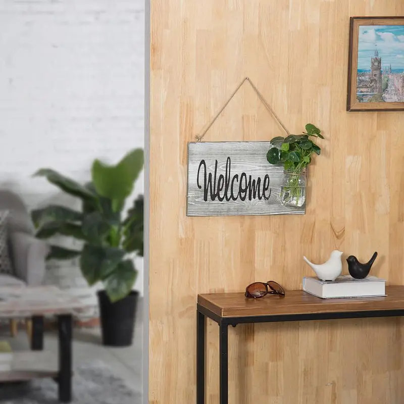 Farmhouse Style Wood Home Welcome Sign with Glass Jar
