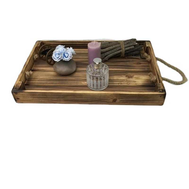 19.6-Inch Square Rustic Torched Wood Ottoman Tray
