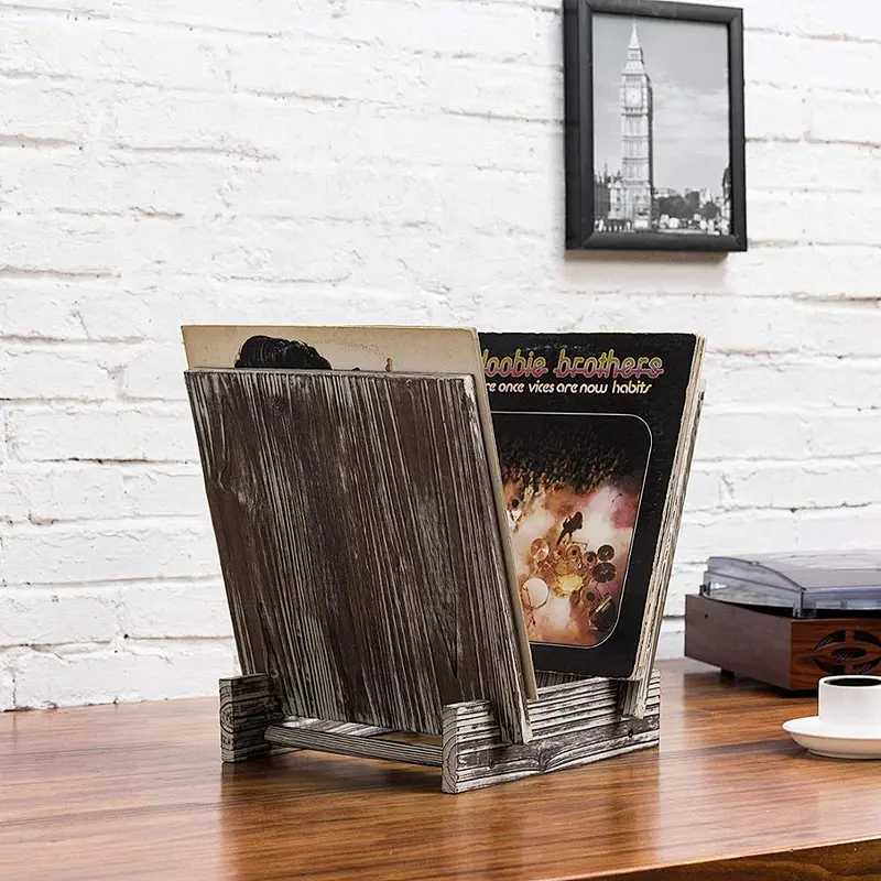 Rustic Torched Wood Vinyl Record Display Stand Home Decor Accents