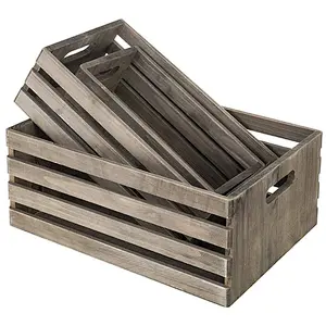 Set of 3 Nesting Barnwood Gray Storage Crates with Cutout Handles