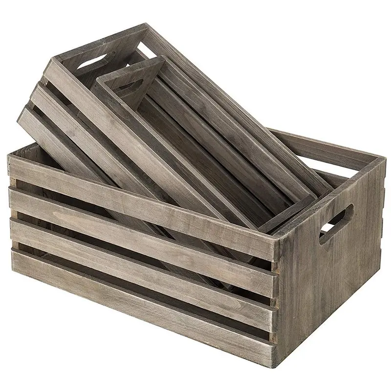Set of 3 Nesting Barnwood Gray Storage Crates with Cutout Handles