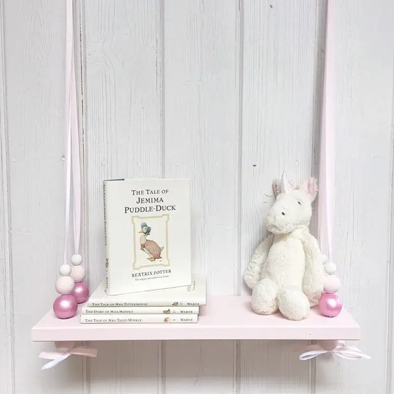 Pink Painted wood Wall Floating  Shelf | Nordic Style  wood Wall Floating   Shelf | Hanging Bead   wood Wall   Floating   Shelf