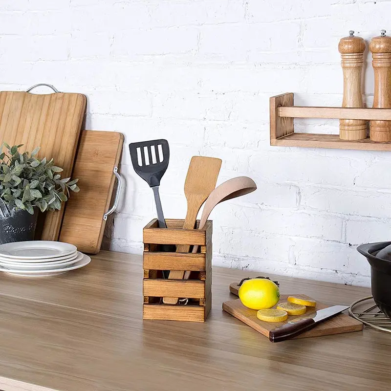 Rustic Burnt Wood Cooking Utensil Holder with Slatted Sides Storage Box