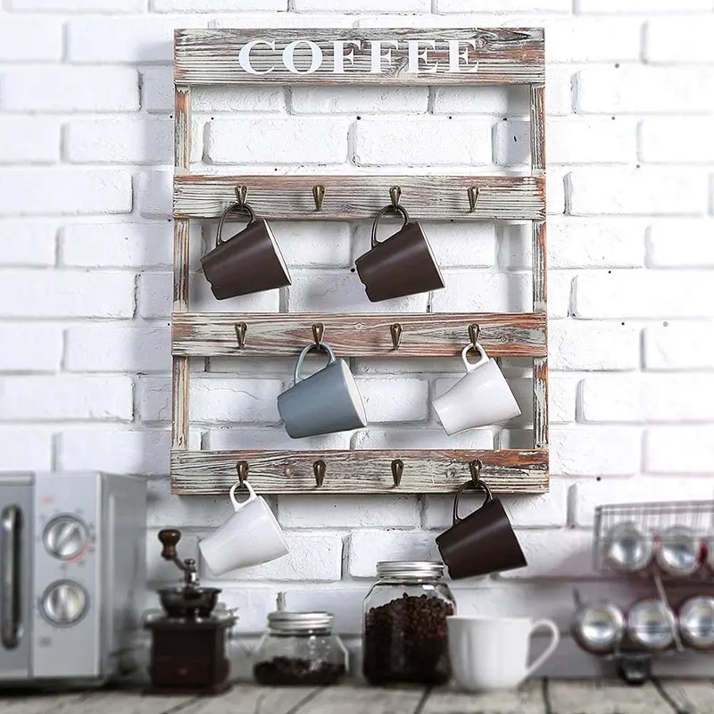 rustic personalized customized wholesale cheaper home decoration unfinished  Wall-mounted mug hook rack ,with 12 hooks,rustic