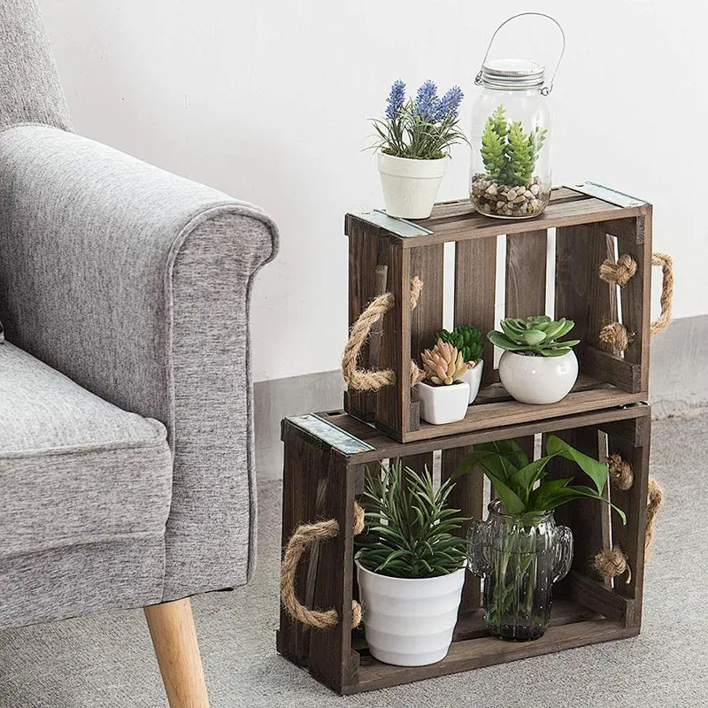 Rustic Wood Nesting Storage Crates with Rope Handles, Set of 2