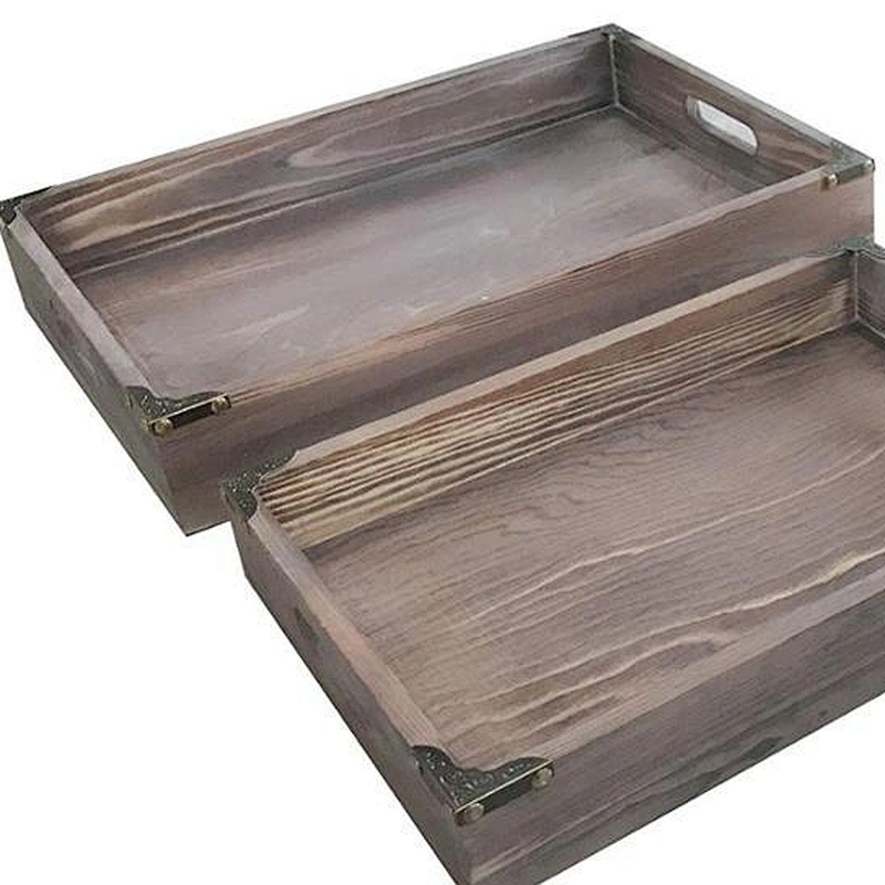 Kingwin Breakfast Trays Vintage Serving Tray with Handle Distressed Brown Wood Serving Trays  Set of 2