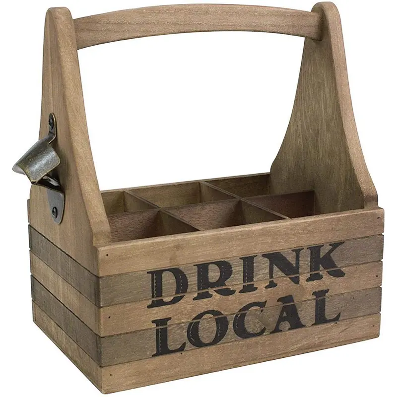 Stonebriar Wooden Drink Local Beer Caddy with Handle and Metal Bottle Opener, Large, Brown