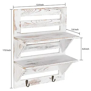 Rustic Whitewashed Wood Wall-Mounted Shelf Rack with Key Hooks