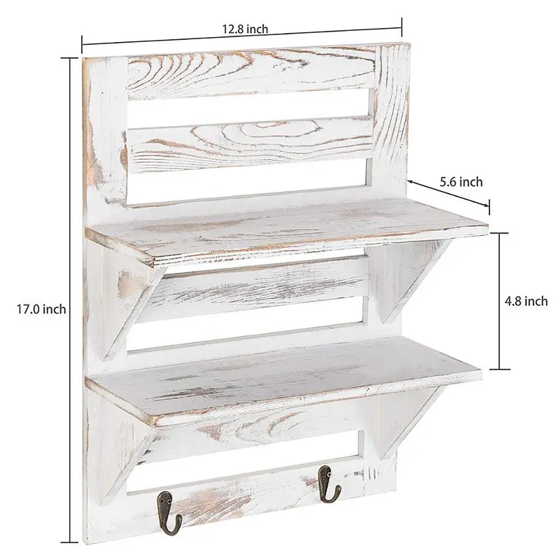 Rustic Whitewashed Wood Wall-Mounted Shelf Rack with Key Hooks