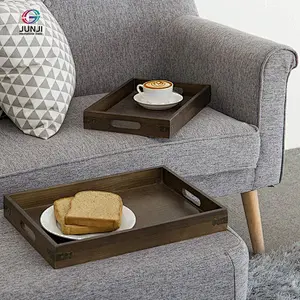 Rustic brown wooden nested breakfast tray with handle, 2 pieces