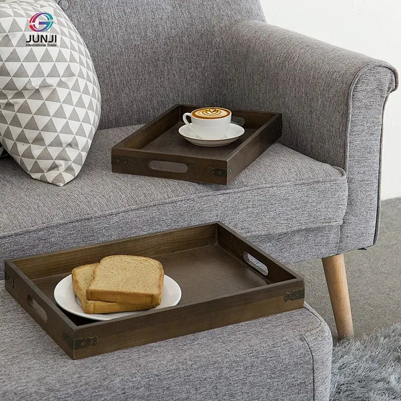 Rustic brown wooden nested breakfast tray with handle, 2 pieces