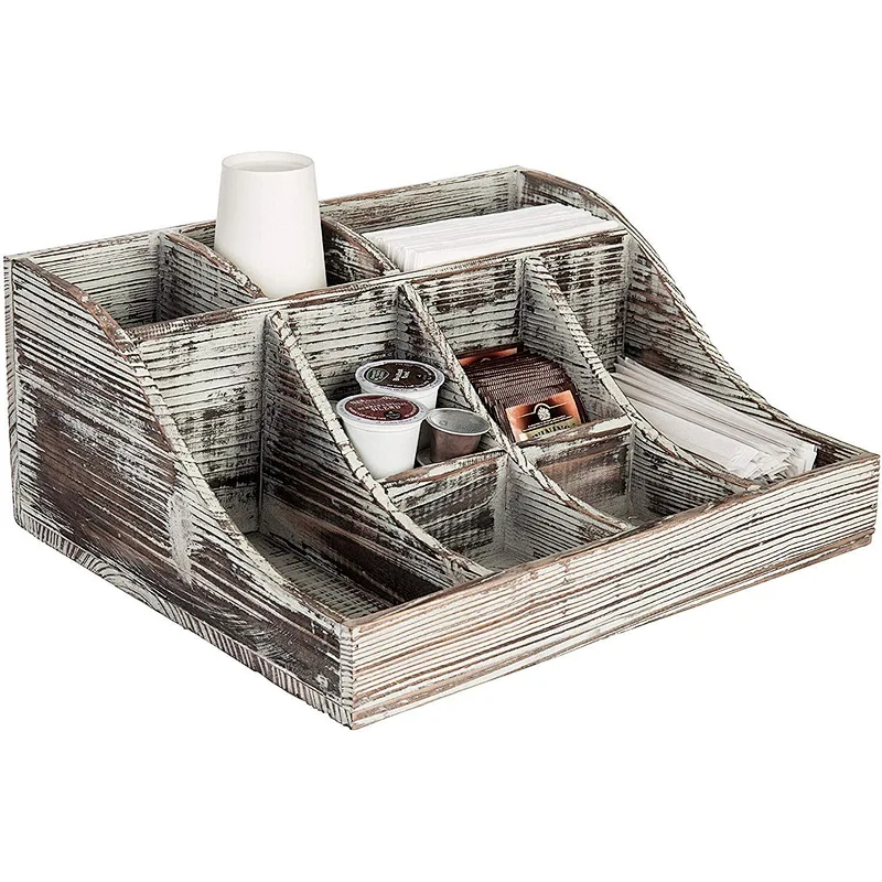 9-Compartment Rustic Torched Wood Tabletop Condiment Holder  Coffee & Tea Storage Caddy