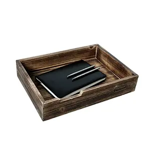Stableman Rustic Dark Wood Desktop Office Supplies, Document & Paper Tray With Metal Label Holder
