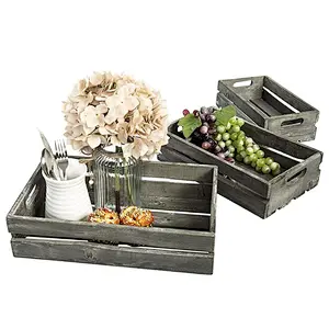 Farmhouse Style Barnwood Gray Wood Nesting Crates Set of 3Rustic Open Top Storage Pallet Boxes