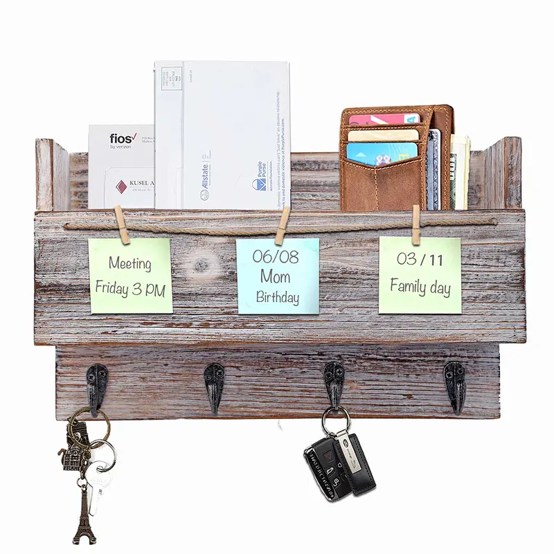 Rustic Wood Wall 4 Key Holder Hooks Memo Clips Entryway Organizer for Letter Mail Holder Magazine Holder