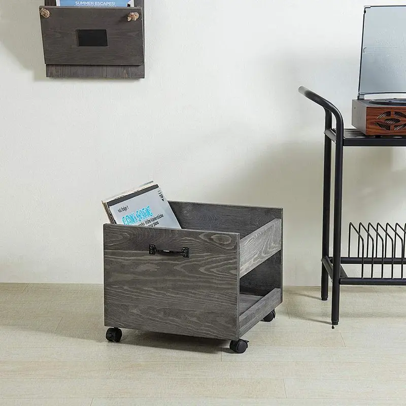 Vintage Grey Wood Vinyl Record Rolling Storage Crate with Casters