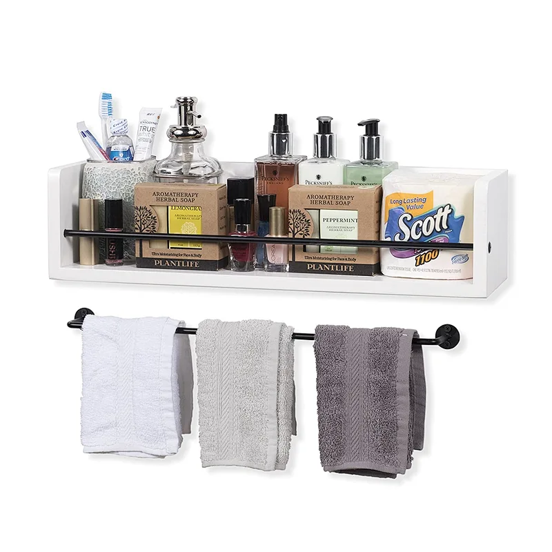 Wooden Shelf with Towel Bar  Organize  Store  and Display Items While Hanging a Towel Plank Shelf