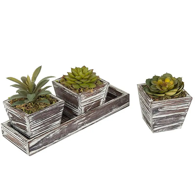 Rustic Style Artificial Succulent Torched Wood Planters Removable Tray, Set of 3