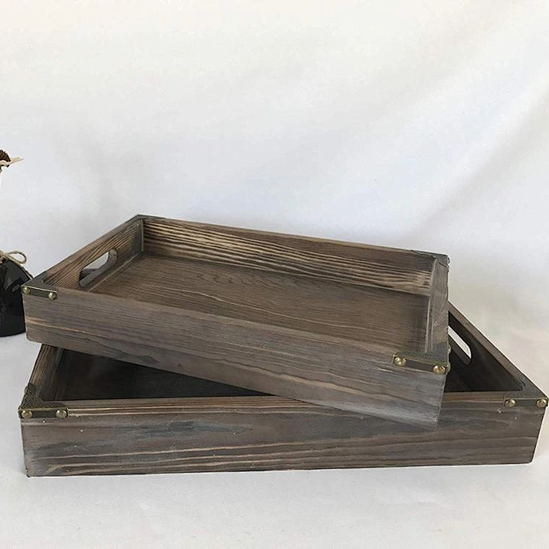 Kingwin Breakfast Trays Vintage Serving Tray with Handle Distressed Brown Wood Serving Trays  Set of 2