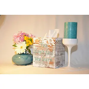 Antique wooden paper towel box cover includes box clip with slide-out backplate, with 2 motto prints, ideal for farmhous