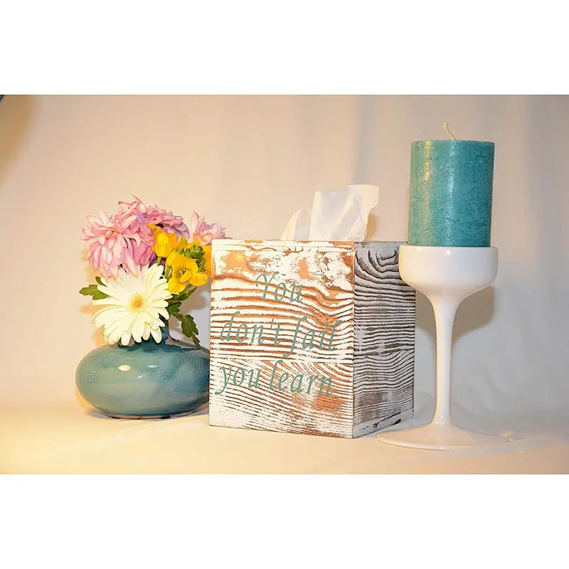 Antique wooden paper towel box cover includes box clip with slide-out backplate, with 2 motto prints, ideal for farmhous