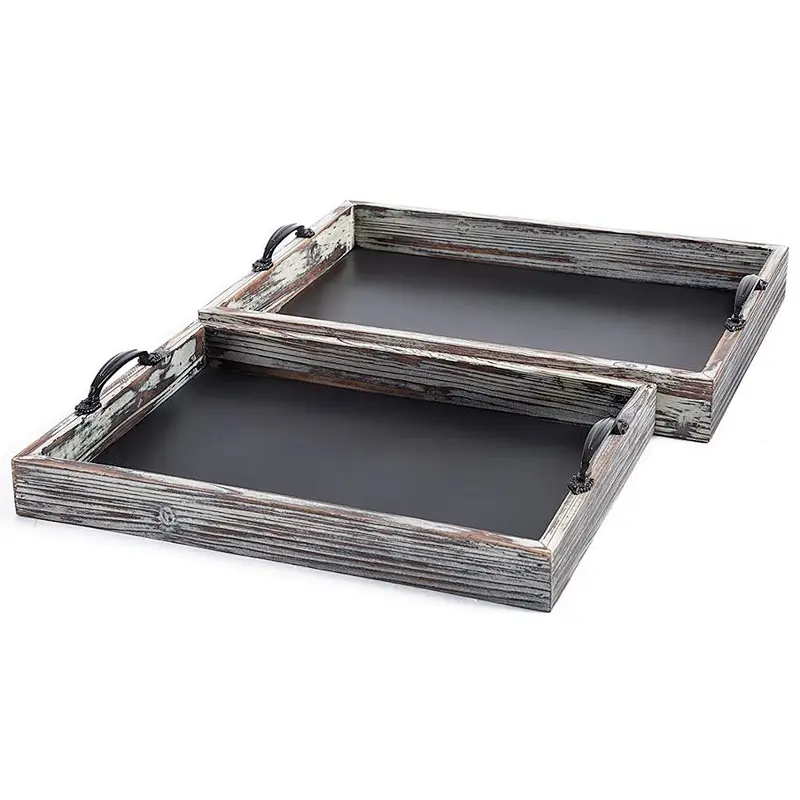 Rustic Style Wood Chalkboard Surface Nesting Breakfast with Decorative HandlesServing Trays