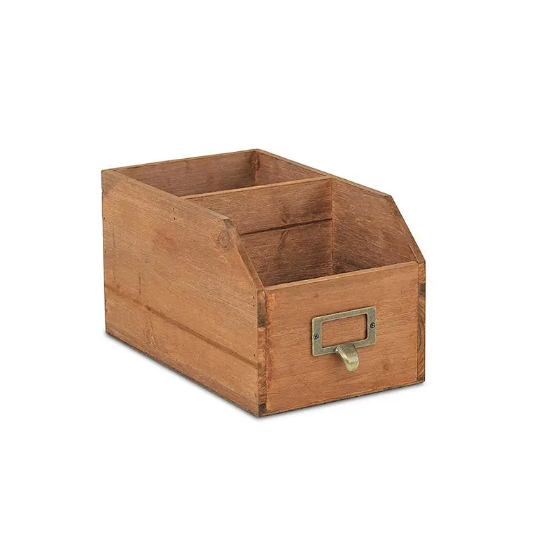 Desk Wooden Organizational Box with 2 Storage Compartments and Label Slot
