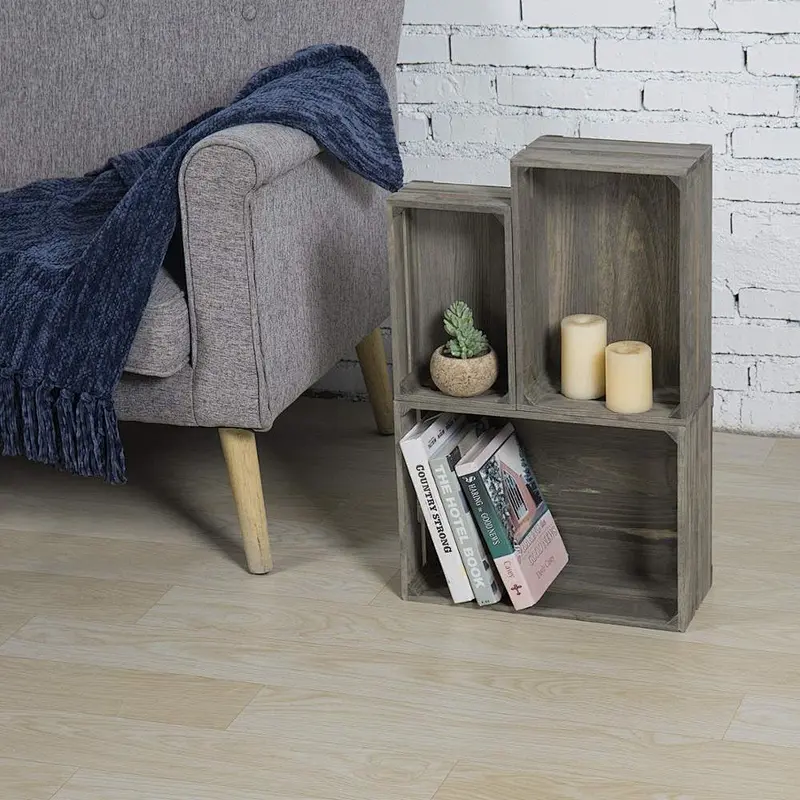 Set of 3 Nesting Ash Brown Wood Accent Crates, Storage Pallet Boxes with Handles