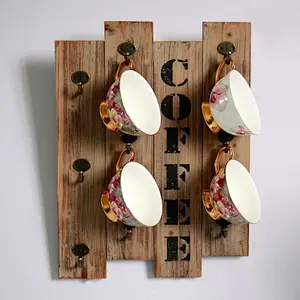 Kitchen Storage Rack-Wood Stand, Farmhouse Decor, Rustic Vintage Kitchen Wall Storage Brown Wood Wall Mounted Coffee Mug Hanger