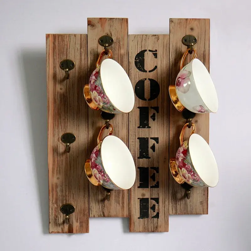 Kitchen Storage Rack-Wood Stand, Farmhouse Decor, Rustic Vintage Kitchen Wall Storage Brown Wood Wall Mounted Coffee Mug Hanger