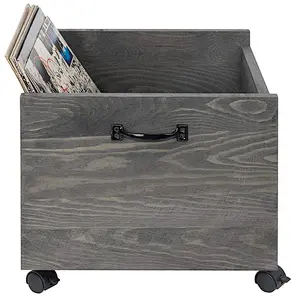 Vintage Grey Wood Vinyl Record Rolling Storage Crate with Casters