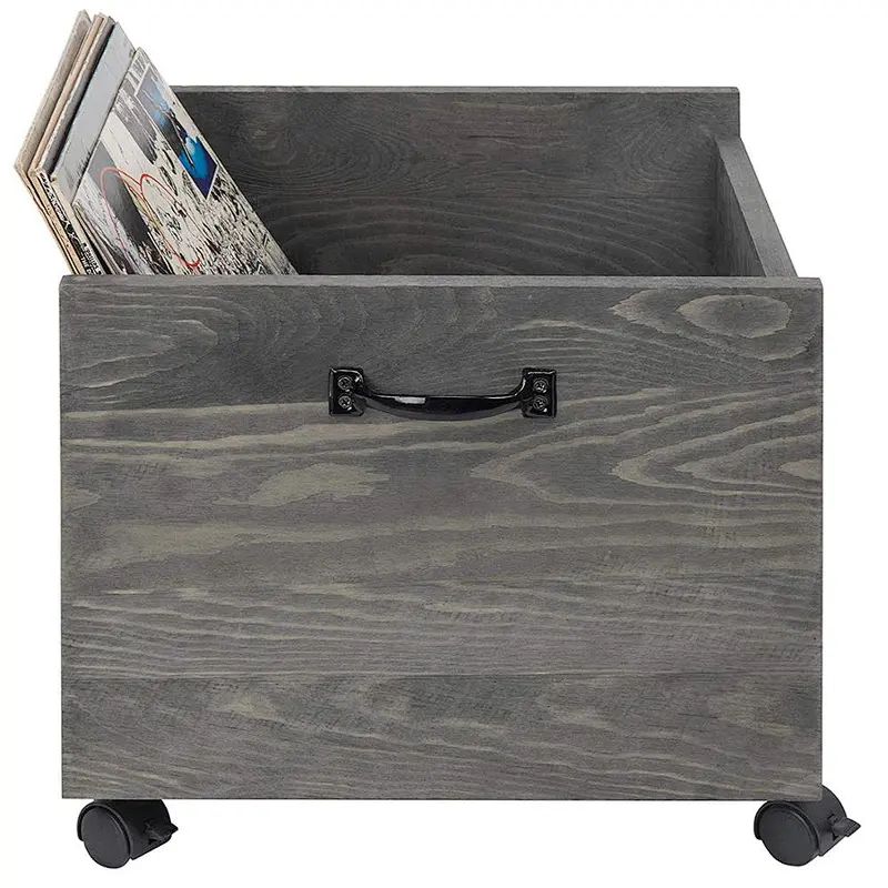 Vintage Grey Wood Vinyl Record Rolling Storage Crate with Casters