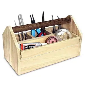 Utensil Storage-Natural Wood Color Wooden Craft Tool Box With Handle