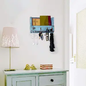 Wall Mount Mail Holder Wood Rustic Key Envelope Organizer with 4 Hooks for Entryway, Mudroom, Office, Kitchen