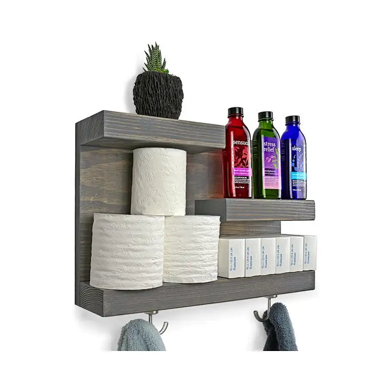 Bathroom Shelf Organizer with Towel Hooks  Modern Farmhouse Brown Country Storage  Apartment Decor