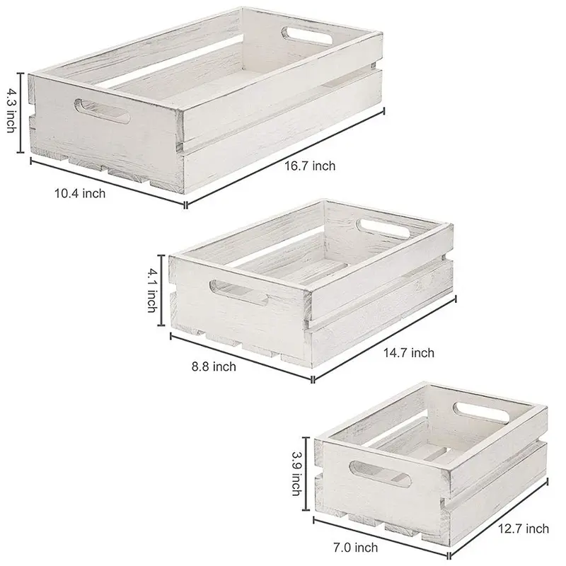 Vintage Whitewash Wood Nesting Storage Crates with Handles, Set of 3