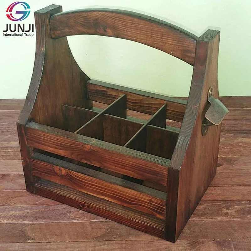 Rustic Farmhouse Wooden Beer Soda Caddy Bottle Carrier with Bottle Opener