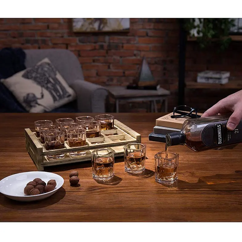 12 Shot Glass Server with Rustic Burnt Wood Tray