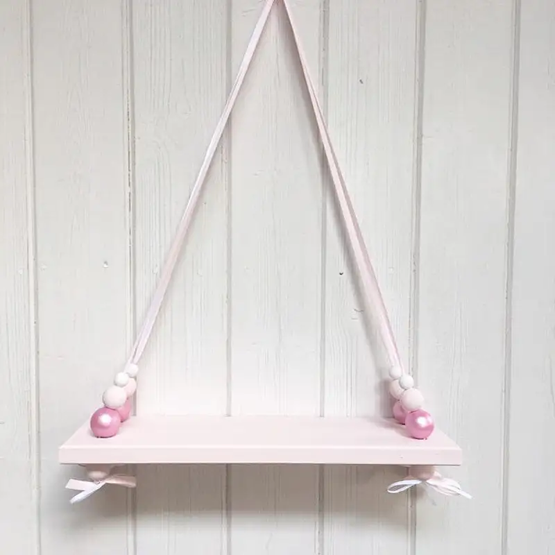 Pink Painted wood Wall Floating  Shelf | Nordic Style  wood Wall Floating   Shelf | Hanging Bead   wood Wall   Floating   Shelf