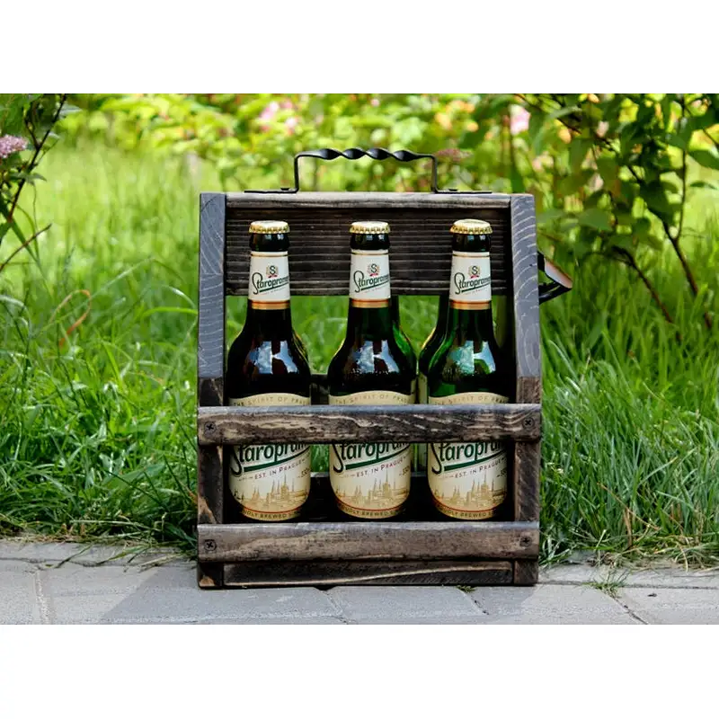 JUNJI Wooden box- Wine Bottle tote- Bar Decor-Beer holder, Wooden Beer Tote