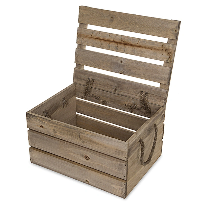 Antique Light Brown Wooden Crate Storage Box with Lid - Medium