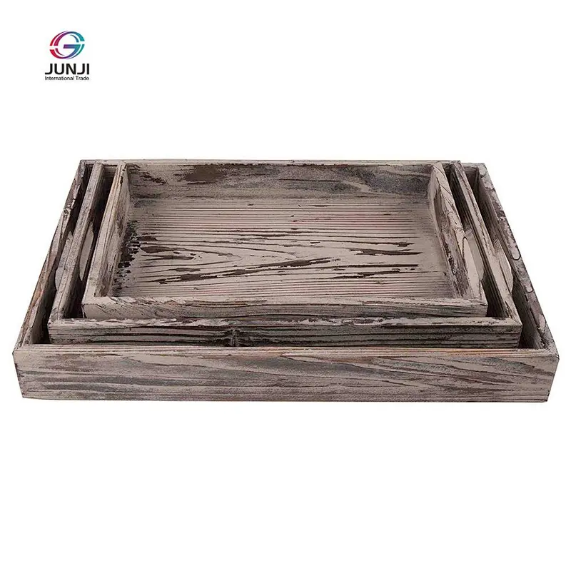 Decorated natural wooden dinner plate - rustic retro style - 3-piece set in different sizes