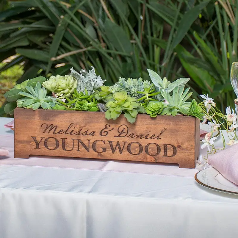 Personalized Rustic Wood Planter Box Wedding Centerpiece Vase  First Names and Last Name  Custom Text Engraved