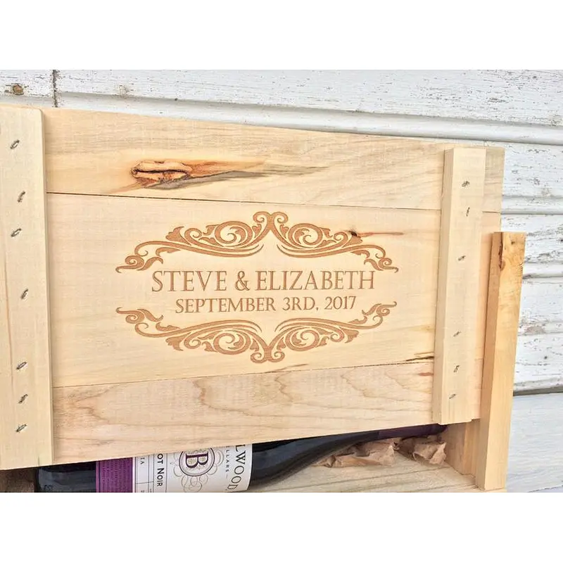 Wedding Personalized Wooden Wine Box for Two Bottles of Wine, Whiskey or Beer