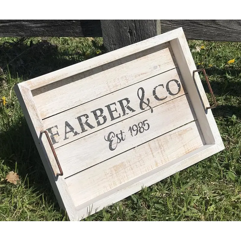 Custom Grey Washed Wood Tray Distressed Rustic Serving TrayWooden Tray With Metal HandlelWood Tray StandUnfinished Wood Trays